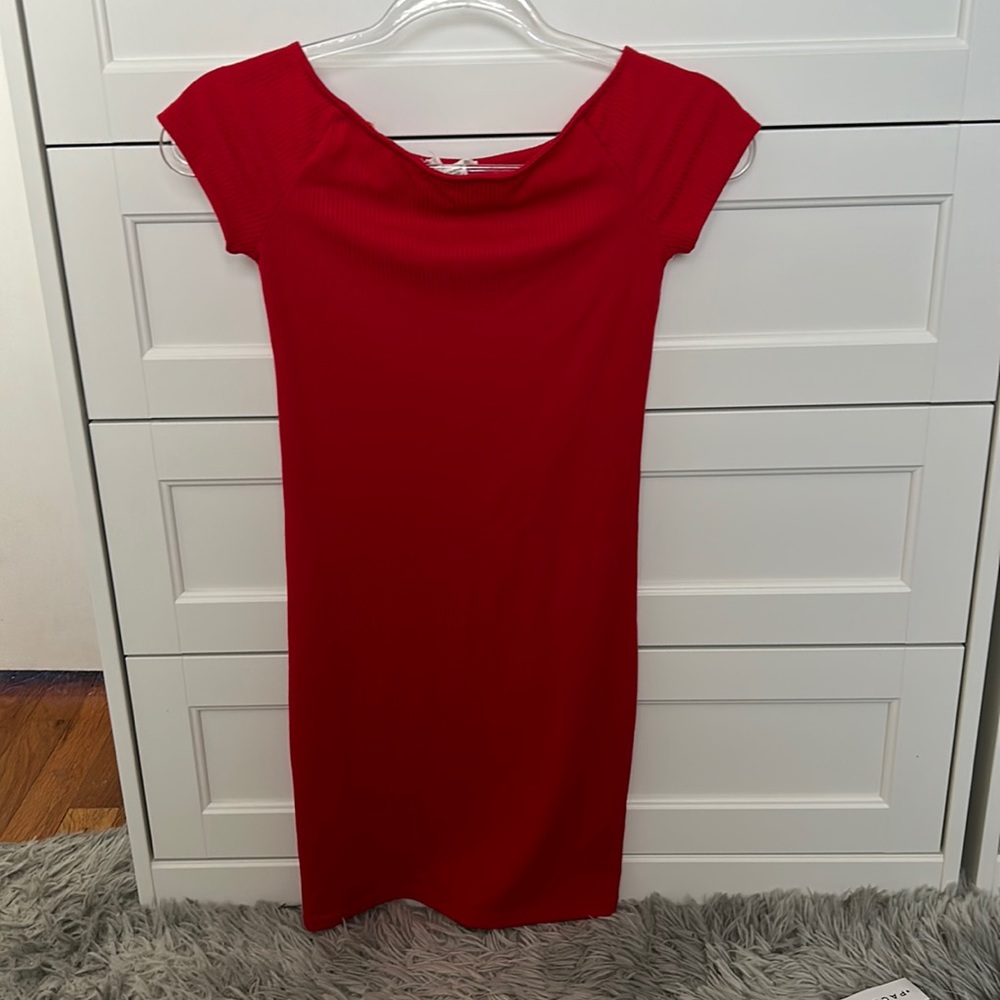 Red body con mini dress.